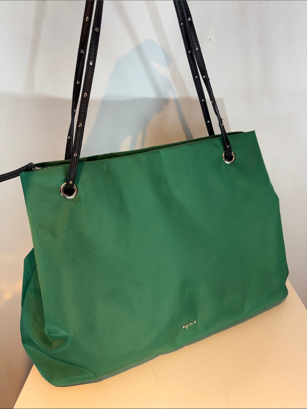 Agnès b. VOYAGE Green Nylon Tote Shoulder Bag Studded Straps